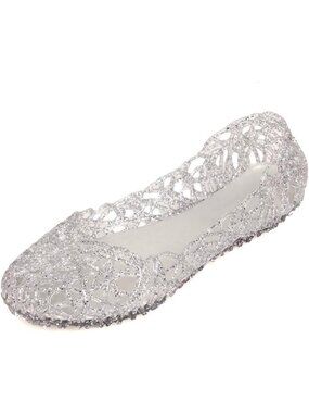 Women's Silver Breathable Flat Jelly Shoes Slip On Hollow Out Loafers Sandals
